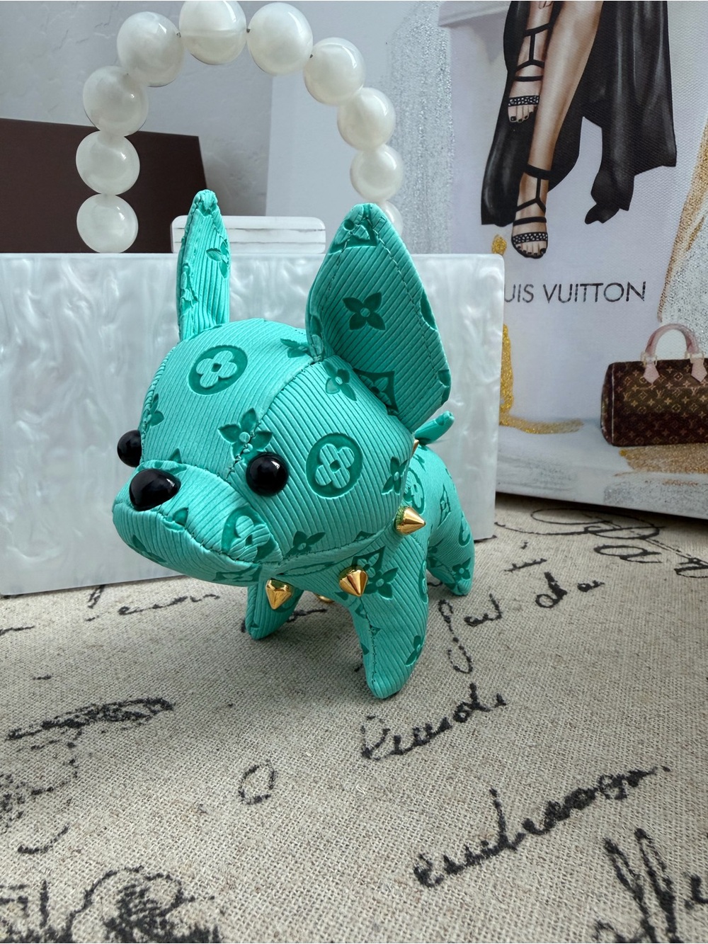 Light TEAL Frenchie Dog Figurine Plush - Designer Pattern Bagcharm Keychain